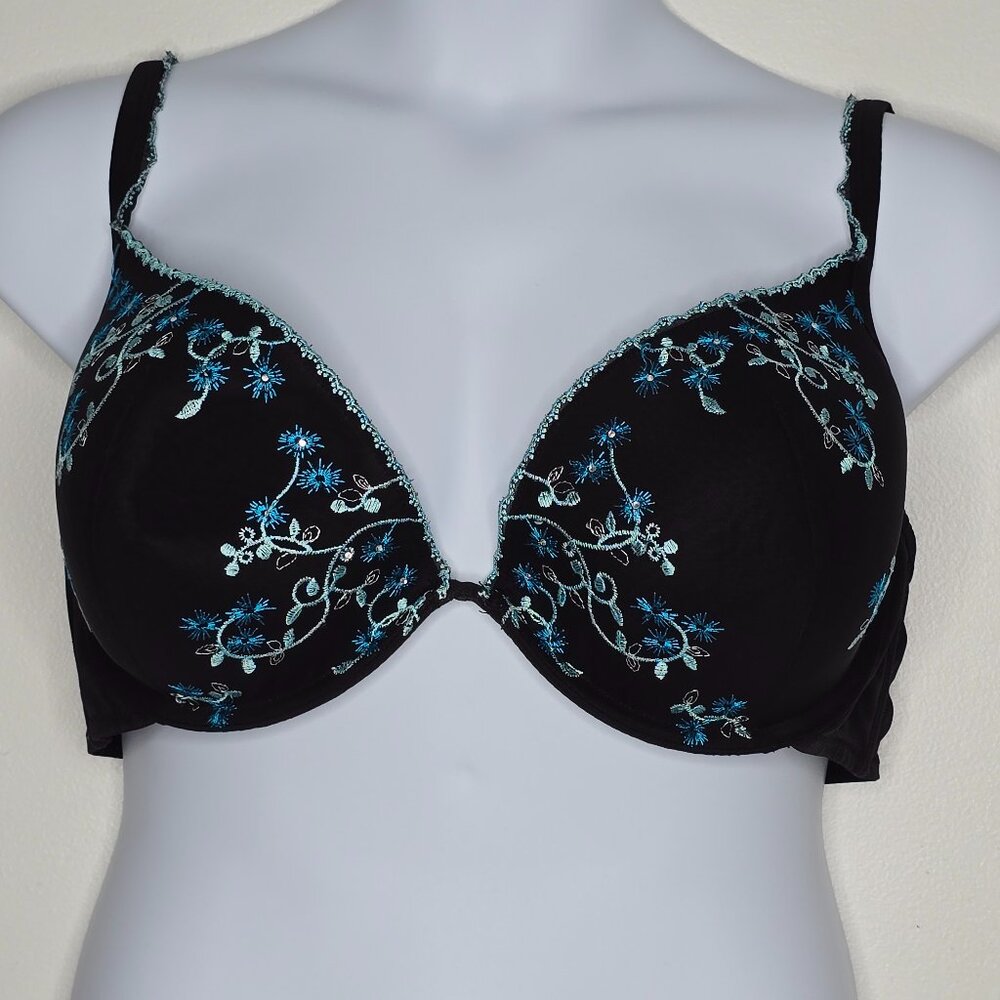 Cacique Bra Womens 44DD Black Blue‎ Floral Embroidered Padded Underwire